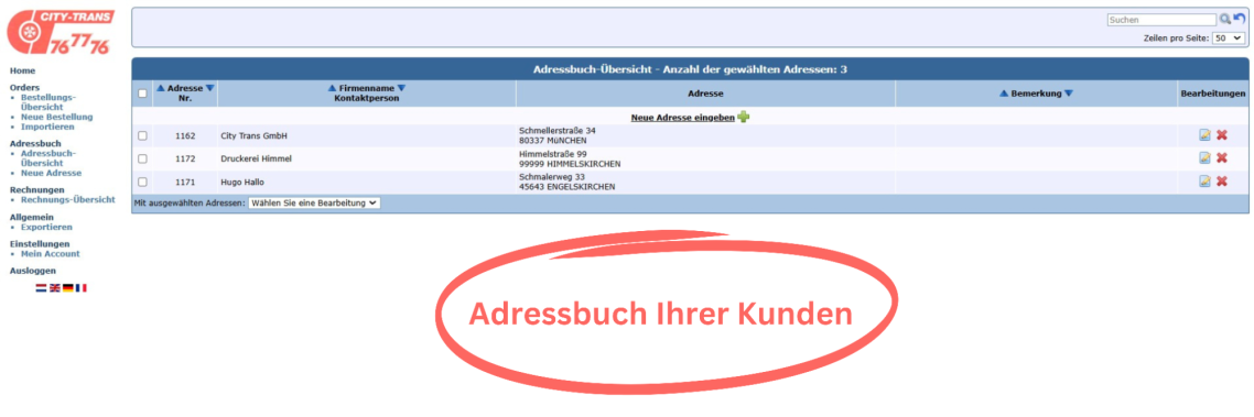 Adressbuch Ihrer Kunden City Trans Kurier München